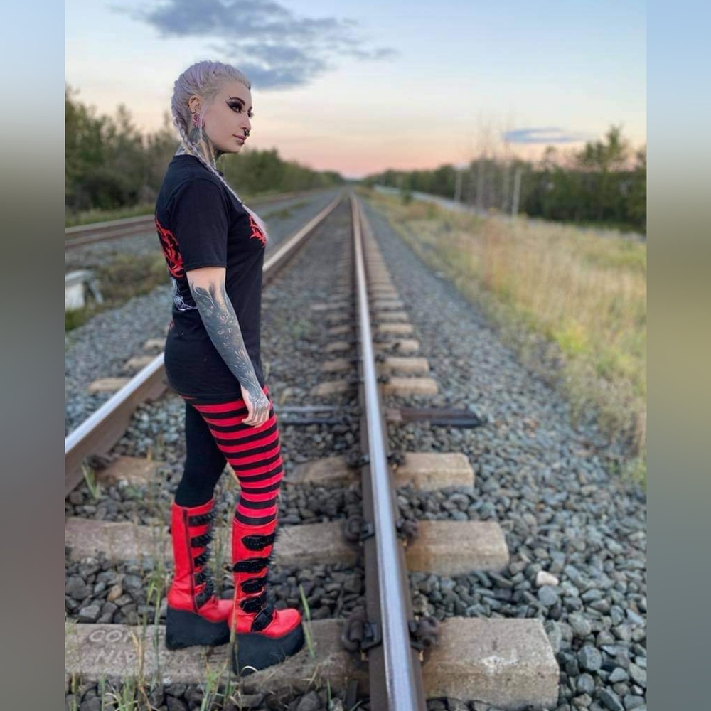 Dolls Kill Red and Black Combat Boots with Platform and Spikes - Picture 2 of 4